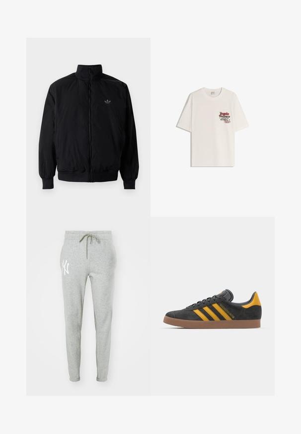 Crna jakna na zip s visokim ovratnikom, izrađena od laganog materijala. Ima elastične manžete i pojas, s malim logotipom na gornjem lijevom dijelu.; Bijela pamučna majica kratkih rukava, s okruglim izrezom. Sadrži tiskanu grafiku u crvenom i crnom tekstu na lijevoj strani prsnog područja.; Sive trenerke izrađene od mekanog materijala s uskim krojem. Imaju elastičnu udicu svezanu i bijeli logo otisnut na lijevoj bedrenoj strani.; Crne nubuk tenisice s žutim detaljima, sa tri pruge i smešnim gumenim potplatom. Imaju jastučić na jeziku za udobnost.