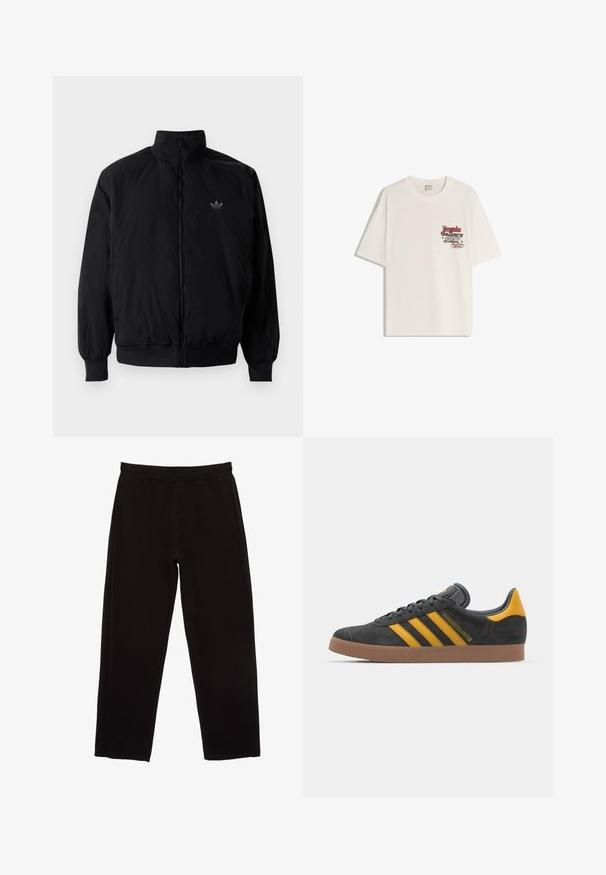 Musta vetoketjullinen takki, jossa on korkea kaulus, valmistettu kevyestä materiaalista. Varustettu joustavilla hihoilla ja vyötäröllä, ja ylävasemmalla on pieni logo.; Valkoinen puuvillapaita, jossa on lyhyet hihat ja pyöreä kaula-aukko. Vasemmassa rinnassa on painettu graafinen kuva punaisella ja mustalla tekstillä.; Mustat collegehousut, jotka on valmistettu puuvillasta ja joissa on joustava vyötärö, suorat lahkeet sekä ei näkyviä taskuja tai koristeita.; Mustat samettiset tennarit, joissa on keltaisia yksityiskohtia, kolmonen raita ja ruskea kumipohja. Sisältää pehmustetun kielisen mukavuutta varten.