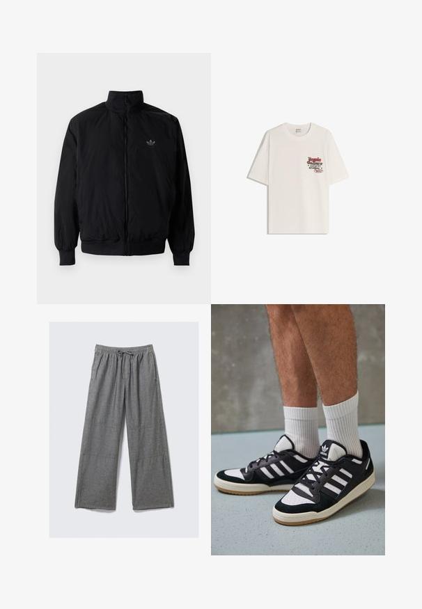 Čierna zips kombinéza s vysokým golierom, vyrobená z ľahkého materiálu. Obsahuje elastické manžety a pás, s malým logom na hornej ľavej strane.; Biely bavlnený tričko s krátkymi rukávmi a okrúhlym výstrihom. Má potlačenú grafiku v červenej a čiernej farbe na ľavej strane hrudníka.; Šedé široké nohavice vyrobené z ľahkého materiálu, s elastickým pásom na šnúrku a jemnými stehom na stranách.; Čierno-biele tenisky s vrchom z semišu a kože, s troma bielymi pruhmi, perforovanou špičkou a gumovou podrážkou.