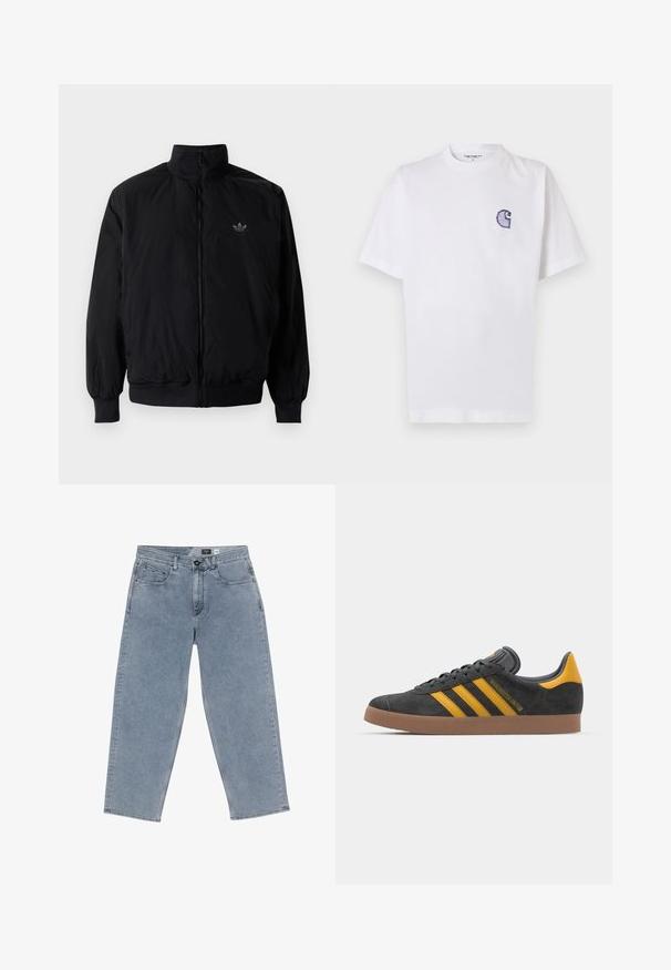 Svart zipjacka med hög krage, tillverkad av lätt material. Har elastiska cuffar och midja, med en liten logo på övre vänster.; Vitt bomullst-shirt med korta ärmar, rund halsringning och en liten, broderad blå "C"-logga på vänster bröst.; Ljusblå denimbyxor med vida ben, med knappstängning, fem fickor och raka ben. Mjuk textur, minimal blekning och ren sömnad.; Svart mockaskor med gula accenter, med tre ränder och en brun gummisula. Inkluderar en vadderad tunga för extra komfort.