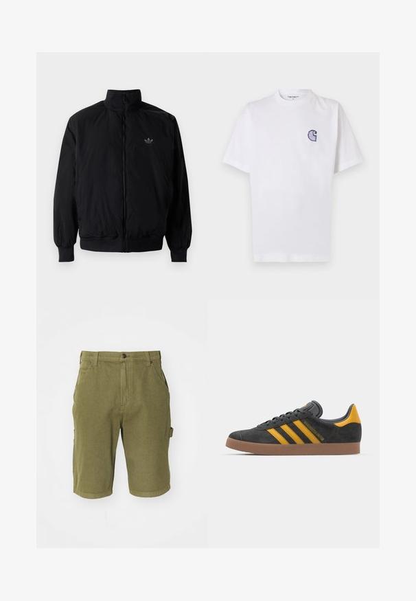 Chaqueta negra con cremallera y cuello alto, hecha de material ligero. Cuenta con puños y cinturilla elásticos, y un pequeño logo en la parte superior izquierda.; Camiseta blanca de algodón con mangas cortas, cuello redondo y un pequeño logo azul bordado en forma de "C" en el área del pecho izquierdo.; Bermudas de algodón verde oliva con cierre de botón, trabillas para cinturón, bolsillos laterales y un acabado de tela ligeramente texturizado.; Zapatillas de ante negro con acentos amarillos, que presentan tres franjas y una suela de goma marrón. Incluyen una lengüeta acolchada para mayor comodidad.