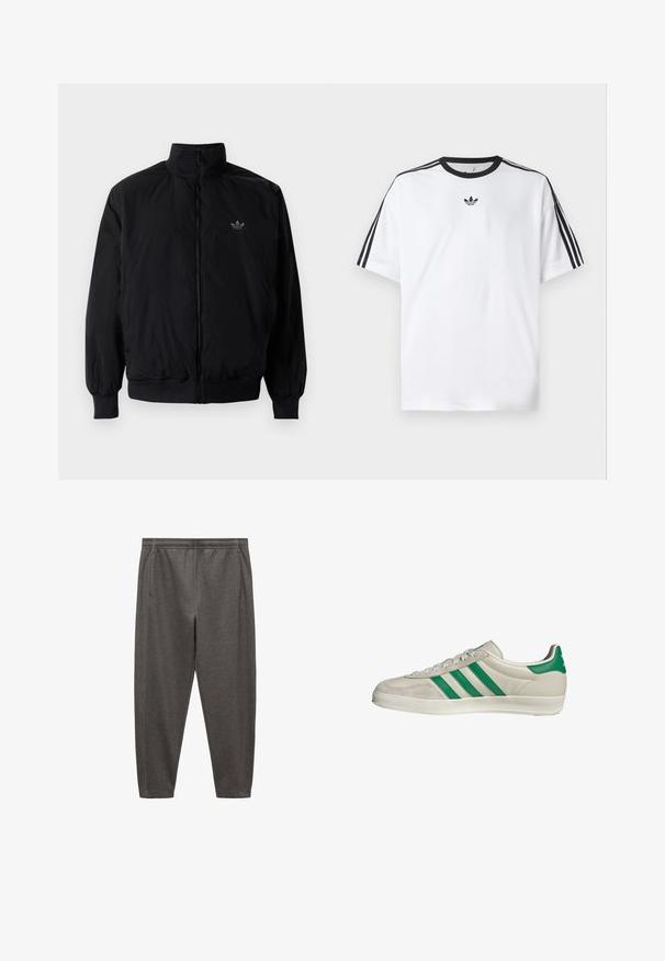 Giacca nera con zip e colletto alto, realizzata in materiale leggero. Presenta polsini e vita elastici, con un piccolo logo in alto a sinistra.; Maglietta bianca in cotone, con scollatura rotonda nera e tre strisce nere su ciascuna spalla. Piccolo logo nero sul petto.; Pantaloni da jogging grigi realizzati in tessuto morbido, dotati di elastico in vita, tasche laterali e un design a gamba affusolata.; Sneaker beige con strisce verdi, con suola bianca e tomaia in pelle liscia. Vista laterale che evidenzia i dettagli dei lacci e il logo.