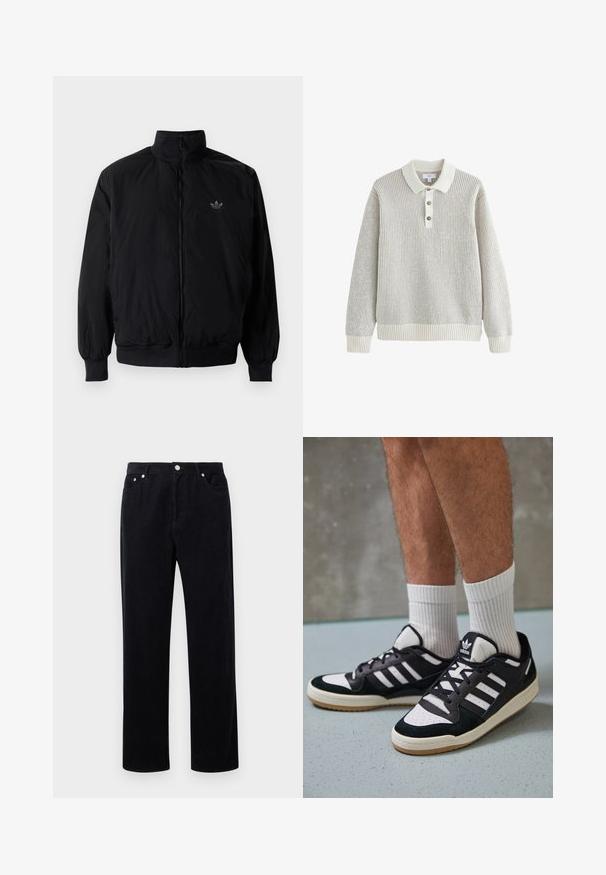Giacca nera con zip e colletto alto, realizzata in materiale leggero. Presenta polsini e vita elastici, con un piccolo logo in alto a sinistra.; Maglione a collo alto grigio chiaro lavorato a maglia con una trama testurizzata, placca con tre bottoni e colletto e orlo a costine. Tessuto morbido con un design casual.; Pantaloni in corduroy neri con design a gamba dritta, caratterizzati da una chiusura con bottone e zip, cinque tasche e un tessuto morbido e testurizzato.; Sneaker bianco e nero con tomaia in suede e pelle, caratterizzati da tre strisce bianche, punta perforata e suola in gomma naturale.