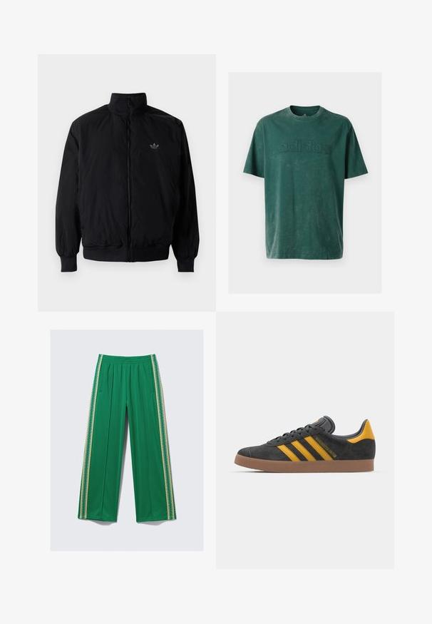 Czarna kurtka zapinana na zamek z wysokim kołnierzem, wykonana z lekkiego materiału. Posiada elastyczne mankiety i pas, oraz małe logo na górnej lewej stronie.; Ciemnozielona bawełniana koszulka z okrągłym dekoltem, krótkimi rękawami i wytłoczonym logo "adidas" na piersi w dopasowanej fakturze.; Zielone spodnie o szerokich nogawkach wykonane z gładkiej tkaniny, z elastycznym pasem i kontrastowymi żółtymi paskami bocznymi z zygzakowatym wzorem.; Czarne zamszowe sneakersy z żółtymi akcentami, z trzema paskami i brązową gumową podeszwą. Posiadają wyściełany język dla większego komfortu.