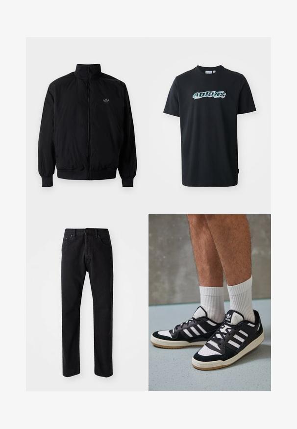 Czarna kurtka zapinana na zamek z wysokim kołnierzem, wykonana z lekkiego materiału. Posiada elastyczne mankiety i pas, oraz małe logo na górnej lewej stronie.; Czarny bawełniany T-shirt z krótkim rękawem, z połyskującym, wielokolorowym logo "ADIDAS" z przodu. Klasyczny krój z okrągłym dekoltem.; Czarne dżinsy o prostym kroju, pięć kieszeni i zapięcie na guzik. Charakteryzują się widocznym przeszyciem i miękkim, teksturowanym materiałem.; Czarno-białe sneakersy z zamszową i skórzaną cholewką, z trzema białymi paskami, perforowanym czubkiem i gumową podeszwą w kolorze gumy.