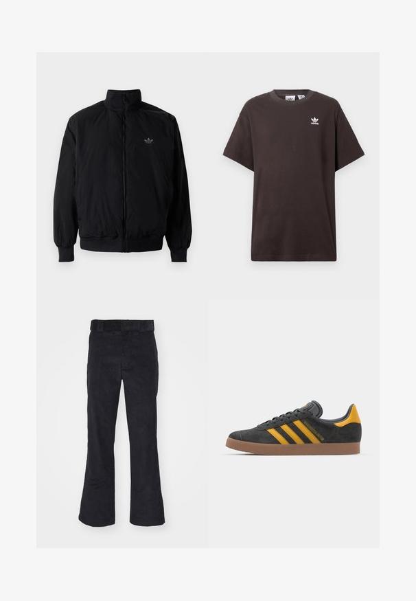 Black zipped jacket with high collar, made of lightweight material. Features elastic cuffs and waistband, with a small logo on the upper left.; Dark brown cotton t-shirt with short sleeves, crew neck, and white Adidas logo on the left chest. Simple, relaxed fit design.; Black corduroy pants with a relaxed fit, featuring a classic waistband and flared legs, soft texture, and no visible patterns or accents.; Black suede sneaker with yellow accents, featuring three stripes and a brown rubber sole. Includes a padded tongue for comfort.