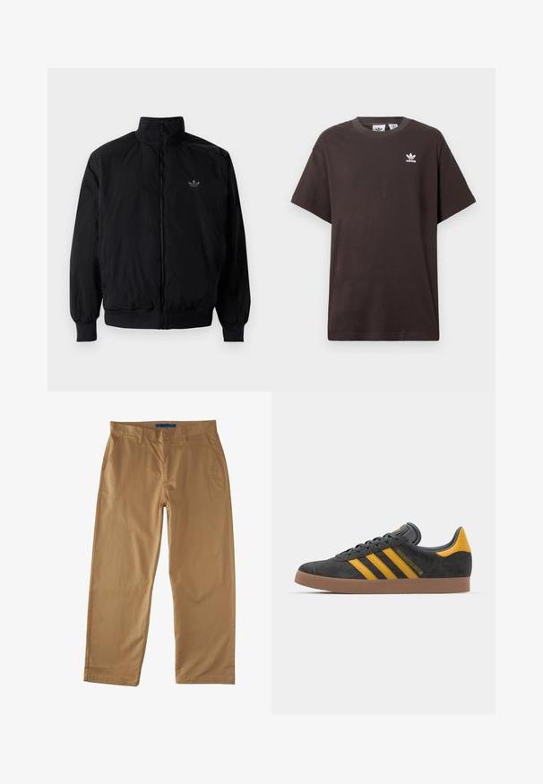 Black zipped jacket with high collar, made of lightweight material. Features elastic cuffs and waistband, with a small logo on the upper left.; Dark brown cotton t-shirt with short sleeves, crew neck, and white Adidas logo on the left chest. Simple, relaxed fit design.; Beige cotton chinos with a straight-leg design, featuring two front pockets, a back pocket, and a button closure. Smooth texture.; Black suede sneaker with yellow accents, featuring three stripes and a brown rubber sole. Includes a padded tongue for comfort.