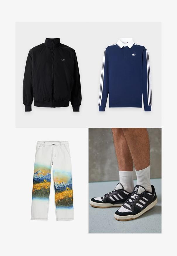 Schwarze Jacke mit Reißverschluss und hohem Kragen, aus leichtem Material gefertigt. Verfügt über elastische Bündchen und einen elastischen Saum, mit einem kleinen Logo oben links.; Marineblaues, langärmeliges Poloshirt aus Baumwollstoff, weißer Kragen, klassische drei weiße Streifen entlang der Ärmel, mit kleinem Logo auf der Brust.; Desigual LANDSCAPE - Stoffhose - white; Schwarz-weiße Sneaker mit einem Obermaterial aus Wildleder und Leder, ausgestattet mit drei weißen Streifen, einer perforierten Zehenpartie und einer Sohle aus Gummi.