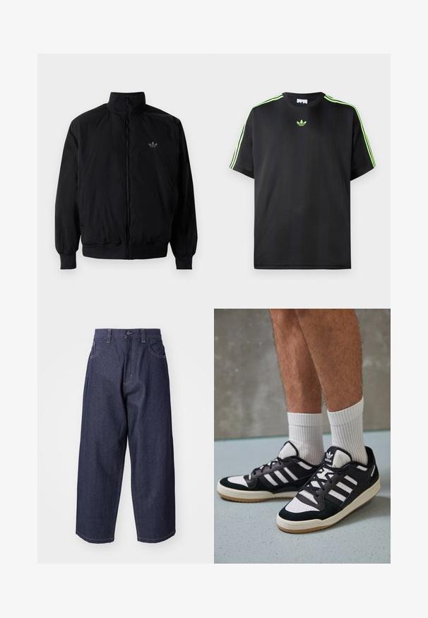 Czarna kurtka zapinana na zamek z wysokim kołnierzem, wykonana z lekkiego materiału. Posiada elastyczne mankiety i pas, oraz małe logo na górnej lewej stronie.; Czarna koszulka z gładkiego materiału z okrągłym dekoltem, z trzema zielonymi paskami na ramionach i małym zielonym logo na piersi.; Granatowe dżinsy o luźnym, szerokim kroju. Wyróżniają się zapięciem na guziki, przednimi kieszeniami i widocznymi detalami ściegów.; Czarno-białe sneakersy z zamszową i skórzaną cholewką, z trzema białymi paskami, perforowanym czubkiem i gumową podeszwą w kolorze gumy.