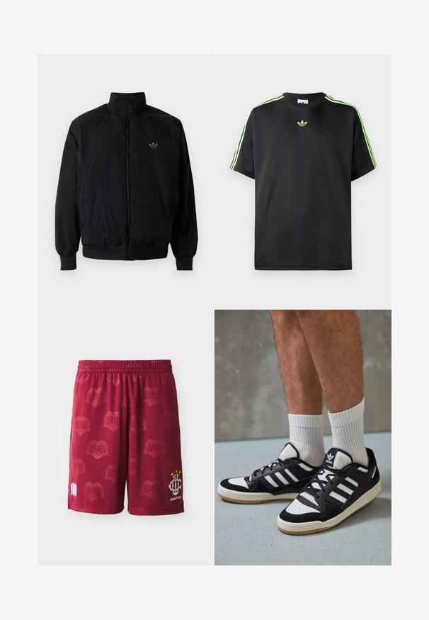 Black zipped jacket with high collar, made of lightweight material. Features elastic cuffs and waistband, with a small logo on the upper left.; Black T-shirt made of smooth fabric with a crew neckline, featuring three green stripes on the shoulders and a small green logo on the chest.; Maroon sports shorts with an elastic waistband, featuring a subtle pattern of hearts and a white logo with three stars on one leg.; Black and white sneakers with a suede and leather upper, featuring three white stripes, a perforated toe, and a gum rubber sole.