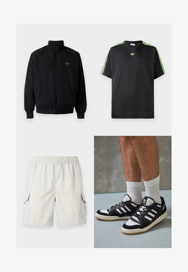 Giacca nera con zip e colletto alto, realizzata in materiale leggero. Presenta polsini e vita elastici, con un piccolo logo in alto a sinistra.; T-shirt nera in tessuto liscio con scollatura a girocollo, caratterizzata da tre strisce verdi sulle spalle e un piccolo logo verde sul petto.; Pantaloni cargo grigio chiaro con vita elastica, dotati di due tasche laterali e un logo discreto sulla tasca sinistra.; Sneaker bianco e nero con tomaia in suede e pelle, caratterizzati da tre strisce bianche, punta perforata e suola in gomma naturale.