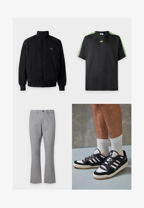 Black zipped jacket with high collar, made of lightweight material. Features elastic cuffs and waistband, with a small logo on the upper left.; Black T-shirt made of smooth fabric with a crew neckline, featuring three green stripes on the shoulders and a small green logo on the chest.; GAP SLIM PERFORMANCE STRETCH - Chinos - pilot grey; Black and white sneakers with a suede and leather upper, featuring three white stripes, a perforated toe, and a gum rubber sole.