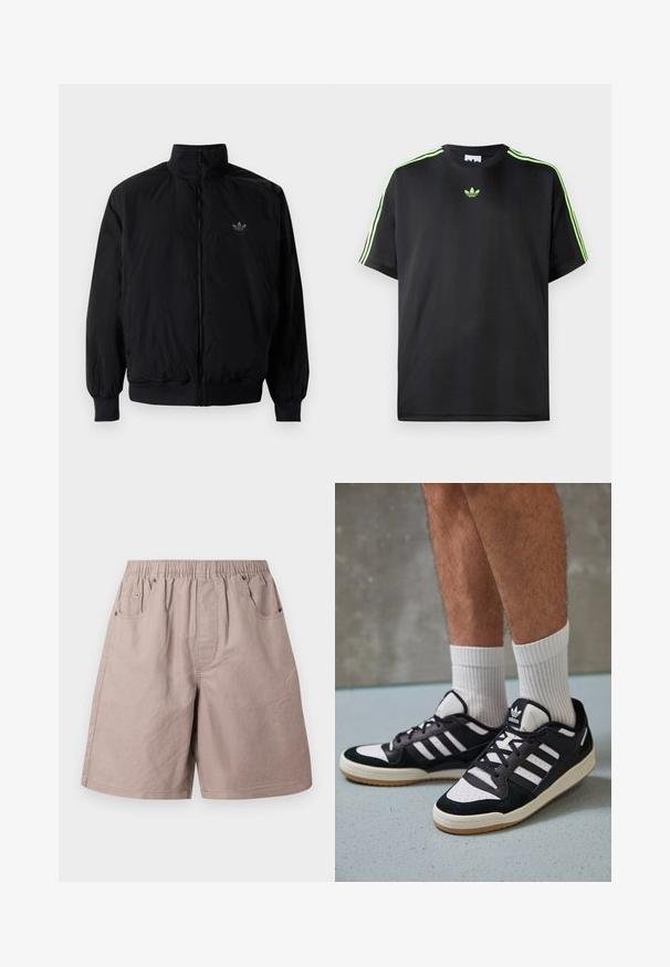 Black zipped jacket with high collar, made of lightweight material. Features elastic cuffs and waistband, with a small logo on the upper left.; Black T-shirt made of smooth fabric with a crew neckline, featuring three green stripes on the shoulders and a small green logo on the chest.; Beige cotton shorts with an elastic waistband, two side pockets, and subtle stitching details. Smooth texture, knee-length design.; Black and white sneakers with a suede and leather upper, featuring three white stripes, a perforated toe, and a gum rubber sole.