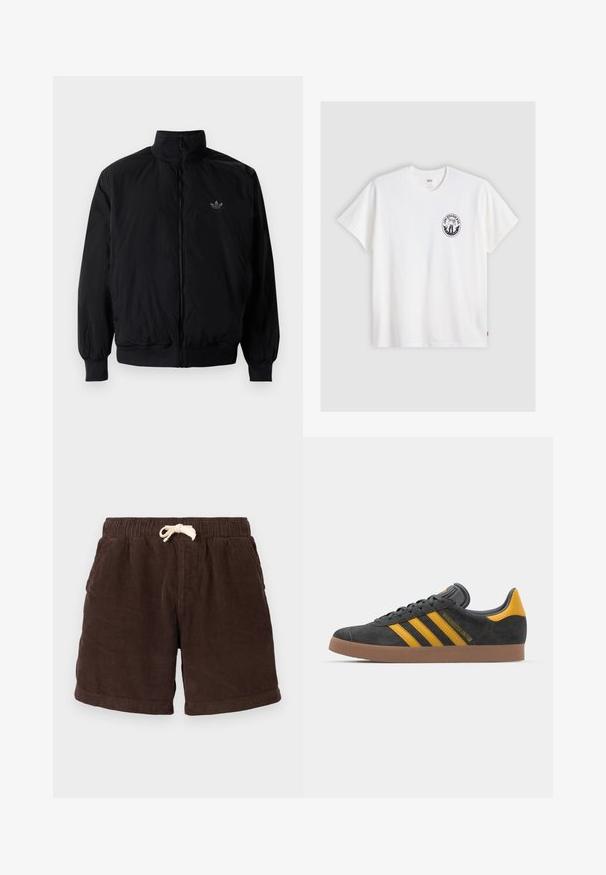 Crna jakna na zip s visokim ovratnikom, izrađena od laganog materijala. Ima elastične manžete i pojas, s malim logotipom na gornjem lijevom dijelu.; Bijela pamučna majica s kratkim rukavima, okruglim izrezom i crnim kružnim logotipom na lijevoj strani prsnog dijela koji sadrži stilizirani dizajn.; Smeđi kordura šortsevi s elastičnom waistband, zatvaranjem na vezicu i bočnim džepovima. Tkanina ima vertikalne rebraste uzorke i teksturiranu površinu.; Crne nubuk tenisice s žutim detaljima, sa tri pruge i smešnim gumenim potplatom. Imaju jastučić na jeziku za udobnost.