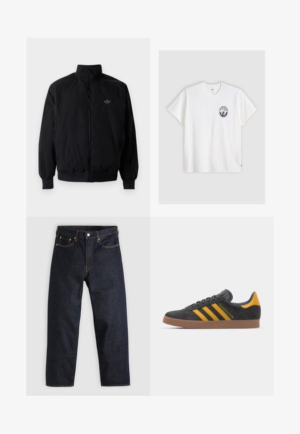 Black zipped jacket with high collar, made of lightweight material. Features elastic cuffs and waistband, with a small logo on the upper left.; White cotton t-shirt with short sleeves, round neck, and a black circular logo on the left chest featuring a stylized design.; Dark blue denim jeans with a straight cut, five pockets, contrasting orange stitching, and a button fly. No visible patterns or embellishments.; Black suede sneaker with yellow accents, featuring three stripes and a brown rubber sole. Includes a padded tongue for comfort.