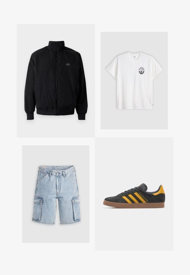 Black zipped jacket with high collar, made of lightweight material. Features elastic cuffs and waistband, with a small logo on the upper left.; White cotton t-shirt with short sleeves, round neck, and a black circular logo on the left chest featuring a stylized design.; Light blue denim cargo shorts with a relaxed fit, featuring two side pockets and stitched detailing along the seams.; Black suede sneaker with yellow accents, featuring three stripes and a brown rubber sole. Includes a padded tongue for comfort.