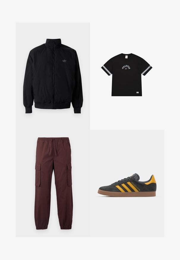Schwarze Jacke mit Reißverschluss und hohem Kragen, aus leichtem Material gefertigt. Verfügt über elastische Bündchen und einen elastischen Saum, mit einem kleinen Logo oben links.; Schwarzes T-Shirt mit kurzen Ärmeln und grauen Akzentstreifen an den Ärmeln, mit dem "Champion"-Logo in weißem, gewölbtem Text auf der Vorderseite.; Braune Cargo-Hosen mit elastischem Bund und Knöchelbündchen, ausgestattet mit seitlichen Fronttaschen und großen Klapptaschen an jedem Oberschenkel.; Schwarze Wildledersneaker mit gelben Akzenten, ausgestattet mit drei Streifen und einer braunen Gummisohle. Enthält eine gepolsterte Zunge für zusätzlichen Komfort.