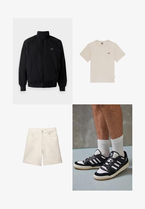 Zwarte geluiting jack met hoge kraag, gemaakt van lichtgewicht materiaal. Voorzien van elastische manchetten en tailleband, met een klein logo op de linkerbovenkant.; Crème-kleurige katoenen t-shirt met korte mouwen, ronde hals en een klein meerkleurig geborduurd logo op de borst.; Beige denim shorts met een relaxte pasvorm, vijf-pocketontwerp en een voorgesneden sluiting. De stof heeft een subtiele textuur en een nette zoom.; Zwart-witte sneakers met een bovenwerk van suede en leer, voorzien van drie witte strepen, een geperforeerde neus en een rubberen gumzool.