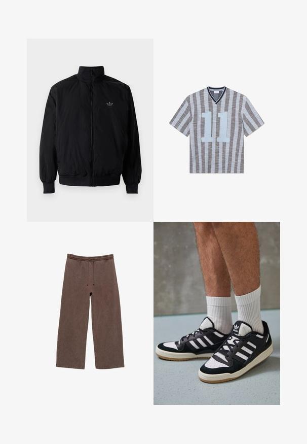 Crna jakna na zip s visokim ovratnikom, izrađena od laganog materijala. Ima elastične manžete i pojas, s malim logotipom na gornjem lijevom dijelu.; Majica s kratkim rukavima prugastog dizajna s tankim plavim i sivim prugama. Ima V-izrez, odvažan plavi broj "11" na prednjoj strani i teksturirani materijal.; Smeđe pamučne trenirke s elastičnom gumicom u struku, podesivom vezicom, širokim nogavicama i minimalnim detaljima šivanja.; Crne i bijele tenisice s gornjim dijelom od antilopa i kože, s tri bijele pruge, perforiranim prstom i gumiranim potplatom.
