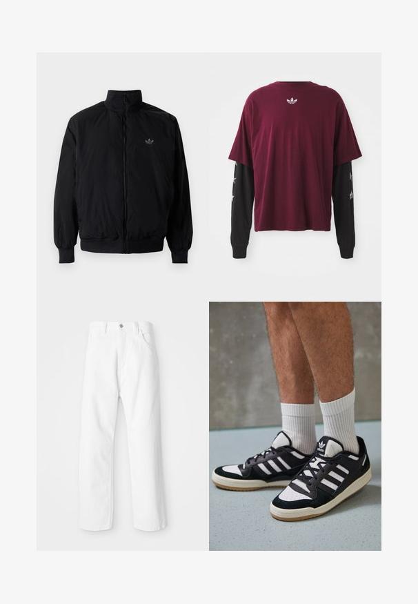 Black zipped jacket with high collar, made of lightweight material. Features elastic cuffs and waistband, with a small logo on the upper left.; Maroon short-sleeve shirt layered over black long sleeves, featuring a textured logo on the back and star patterns on the sleeves.; White denim pants with a straight leg design, featuring a front button and zipper closure, five pockets, and a clean, textured finish.; Black and white sneakers with a suede and leather upper, featuring three white stripes, a perforated toe, and a gum rubber sole.