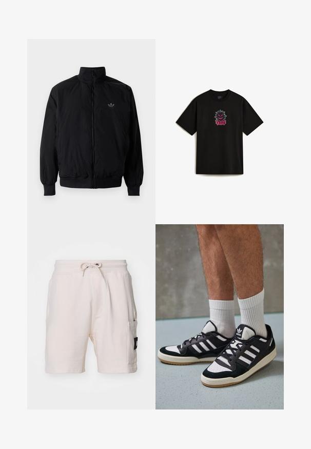 Zwarte geluiting jack met hoge kraag, gemaakt van lichtgewicht materiaal. Voorzien van elastische manchetten en tailleband, met een klein logo op de linkerbovenkant.; Zwarte katoenen t-shirt met een vooraanstaand grafisch ontwerp van een stekelige cartoonfiguur en het woord "VANS" in roze schrift. Korte mouwen.; Lichtbeige katoenen shorts met een elastische tailleband, trekkoord, zijzakken en een opvallend zwart label aan de zijkant.; Zwart-witte sneakers met een bovenwerk van suede en leer, voorzien van drie witte strepen, een geperforeerde neus en een rubberen gumzool.