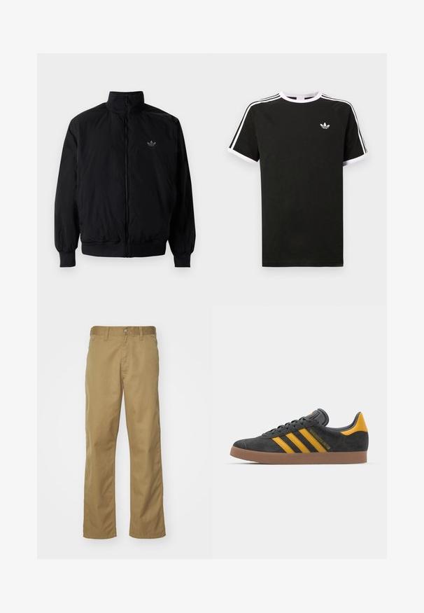Giacca nera con zip e colletto alto, realizzata in materiale leggero. Presenta polsini e vita elastici, con un piccolo logo in alto a sinistra.; T-shirt nera in cotone con dettagli bianchi. Presenta maniche corte, design raglan e un piccolo logo sul petto. Tre strisce bianche sulle spalle.; Chino kaki con design a gamba dritta, realizzati in tessuto di cotone liscio. Presentano una chiusura frontale con bottone e tasche laterali.; Sneaker in suede nero con dettagli gialli, dotato di tre strisce e una suola in gomma marrone. Include una linguetta imbottita per il comfort.