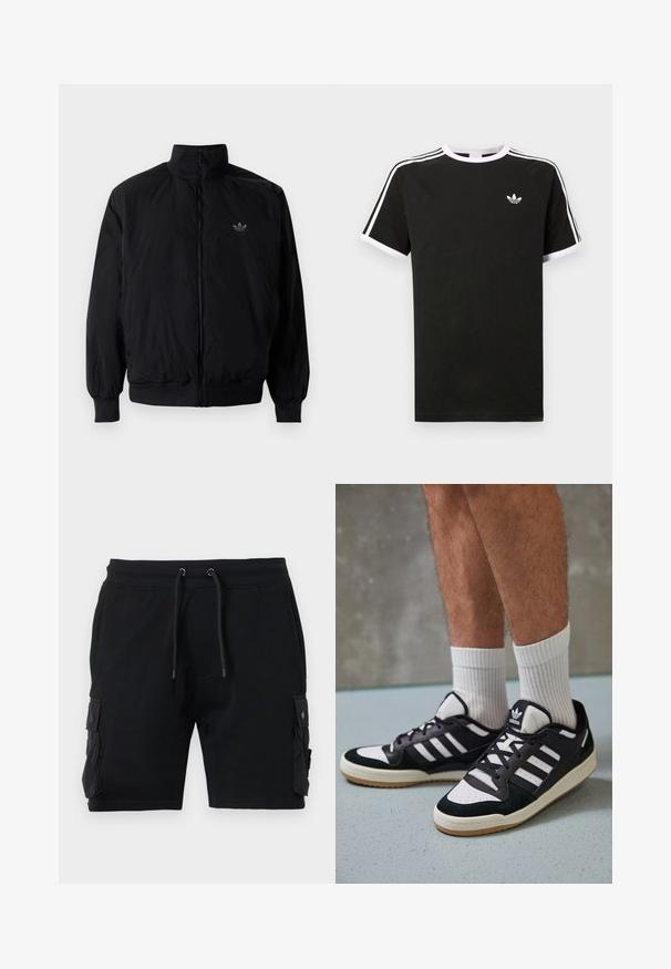 Schwarze Jacke mit Reißverschluss und hohem Kragen, aus leichtem Material gefertigt. Verfügt über elastische Bündchen und einen elastischen Saum, mit einem kleinen Logo oben links.; Schwarzes T-Shirt aus Baumwolle mit weißen Akzenten. Hat kurze Ärmel, ein Raglan-Design und ein kleines Logo auf der Brust. Drei weiße Streifen auf den Schultern.; Schwarze Cargo-Shorts aus Baumwollmischung, mit zwei Seitentaschen, verstellbarem Bund mit Kordelzug und glatter Textur.; Schwarz-weiße Sneaker mit einem Obermaterial aus Wildleder und Leder, ausgestattet mit drei weißen Streifen, einer perforierten Zehenpartie und einer Sohle aus Gummi.