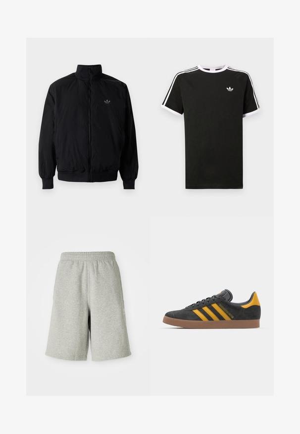 Černá zipová bunda s vysokým límcem, vyrobená z lehkého materiálu. Má elastické manžety a pas, s malým logem na horní levé straně.; Černé tričko vyrobené z bavlny s bílými akcenty. Má krátké rukávy, raglánový střih a malé logo na hrudi. Tři bílé pruhy na ramenou.; Šedé bavlněné šortky s elastickým pasem, délka ke kolenům a jemným logem na boku. Měkká textilie s volným, sportovním střihem.; Černé semišové tenisky se žlutými akcenty, vybavené třemi pruhy a hnědou gumovou podrážkou. Obsahují polstrovaný jazyk pro pohodlí.