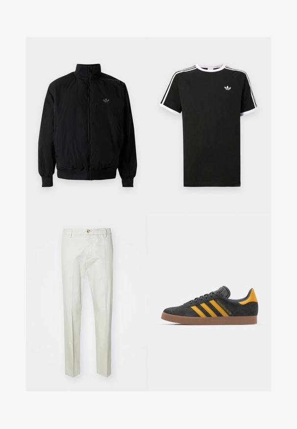 Chaqueta negra con cremallera y cuello alto, hecha de material ligero. Cuenta con puños y cinturilla elásticos, y un pequeño logo en la parte superior izquierda.; Camiseta negra de algodón con detalles en blanco. Presenta mangas cortas, diseño raglán y un pequeño logo en el pecho. Tres franjas blancas en los hombros.; Pantalones beige claros fabricados en un tejido suave y texturizado. Con cierre de botón, presillas para cinturón y piernas rectas. Diseño limpio y ajustado.; Zapatillas de ante negro con acentos amarillos, que presentan tres franjas y una suela de goma marrón. Incluyen una lengüeta acolchada para mayor comodidad.