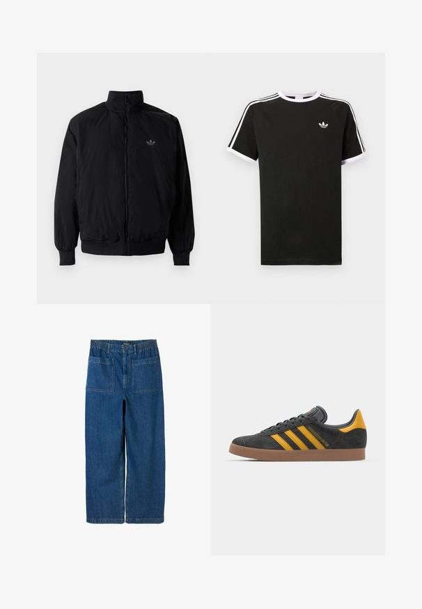 Crna jakna na zip s visokim ovratnikom, izrađena od laganog materijala. Ima elastične manžete i pojas, s malim logotipom na gornjem lijevom dijelu.; Crna majica s kratkim rukavima, izrađena od pamuka, s bijelim akcentima. Ima raglan dizajn i mali logo na prsima. Tri bijele pruge na ramenima.; Desigual LONG POCKETS - Traperice opuštenog kroja - blue; Crne nubuk tenisice s žutim detaljima, sa tri pruge i smešnim gumenim potplatom. Imaju jastučić na jeziku za udobnost.