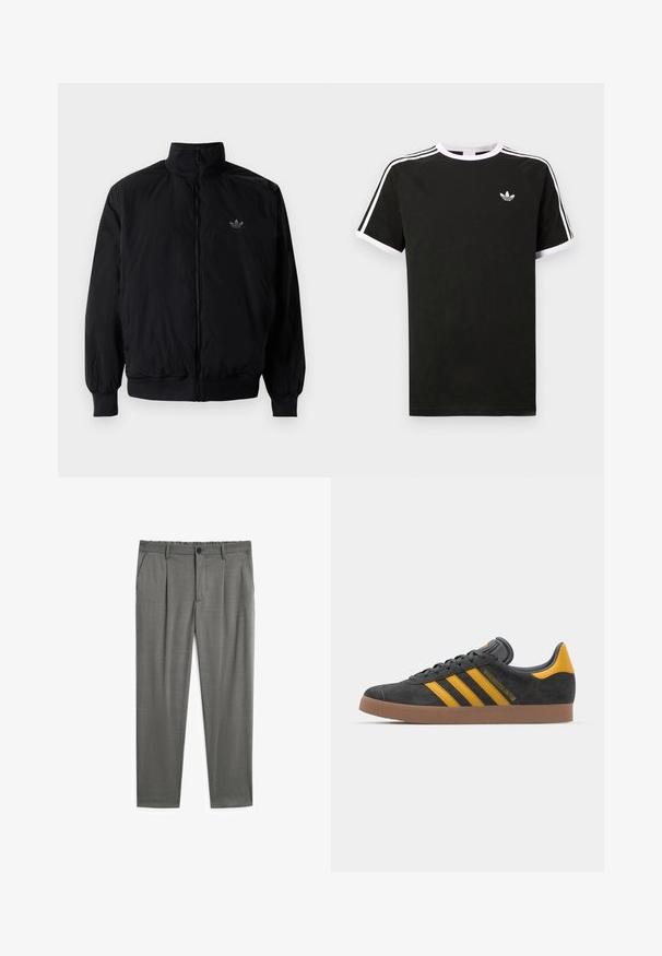 Black zipped jacket with high collar, made of lightweight material. Features elastic cuffs and waistband, with a small logo on the upper left.; Black t-shirt made of cotton with white accents. Features short sleeves, raglan design, and a small logo on the chest. Three white stripes on shoulders.; Grey trousers with a smooth texture, featuring a button closure, elastic waistband, and two side pockets. Tailored design with pleats.; Black suede sneaker with yellow accents, featuring three stripes and a brown rubber sole. Includes a padded tongue for comfort.