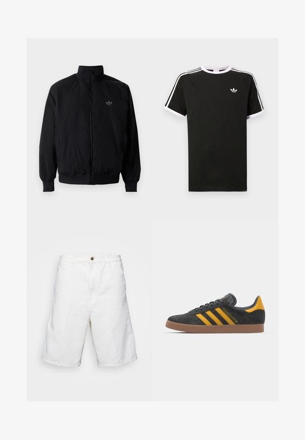 Black zipped jacket with high collar, made of lightweight material. Features elastic cuffs and waistband, with a small logo on the upper left.; Black t-shirt made of cotton with white accents. Features short sleeves, raglan design, and a small logo on the chest. Three white stripes on shoulders.; White cotton shorts with a straight cut, featuring a button closure and belt loops, smooth texture, and knee-length design.; Black suede sneaker with yellow accents, featuring three stripes and a brown rubber sole. Includes a padded tongue for comfort.