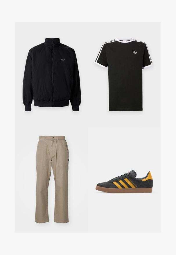 Czarna kurtka zapinana na zamek z wysokim kołnierzem, wykonana z lekkiego materiału. Posiada elastyczne mankiety i pas, oraz małe logo na górnej lewej stronie.; Czarny t-shirt wykonany z bawełny z białymi akcentami. Posiada krótkie rękawy, fason raglanowy oraz małe logo na klatce piersiowej. Trzy białe paski na ramionach.; Beżowe bawełniane spodnie o prostym kroju, z dwoma przednimi kieszeniami i zapięciem na guzik w pasie. Gładka faktura, bez wzorów.; Czarne zamszowe sneakersy z żółtymi akcentami, z trzema paskami i brązową gumową podeszwą. Posiadają wyściełany język dla większego komfortu.