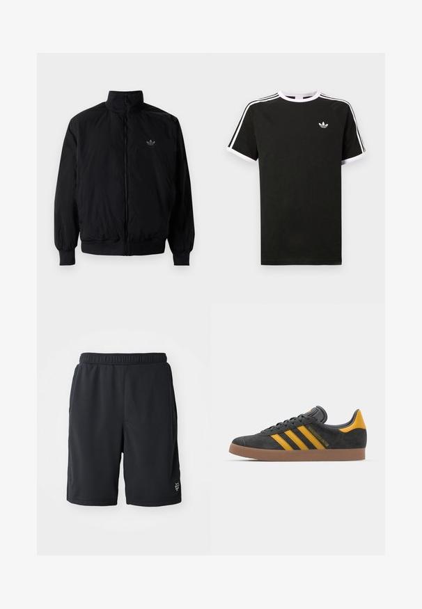 Black zipped jacket with high collar, made of lightweight material. Features elastic cuffs and waistband, with a small logo on the upper left.; Black t-shirt made of cotton with white accents. Features short sleeves, raglan design, and a small logo on the chest. Three white stripes on shoulders.; Black athletic shorts made of breathable mesh material, featuring an elastic waistband and subtle logo detail on the lower right side.; Black suede sneaker with yellow accents, featuring three stripes and a brown rubber sole. Includes a padded tongue for comfort.