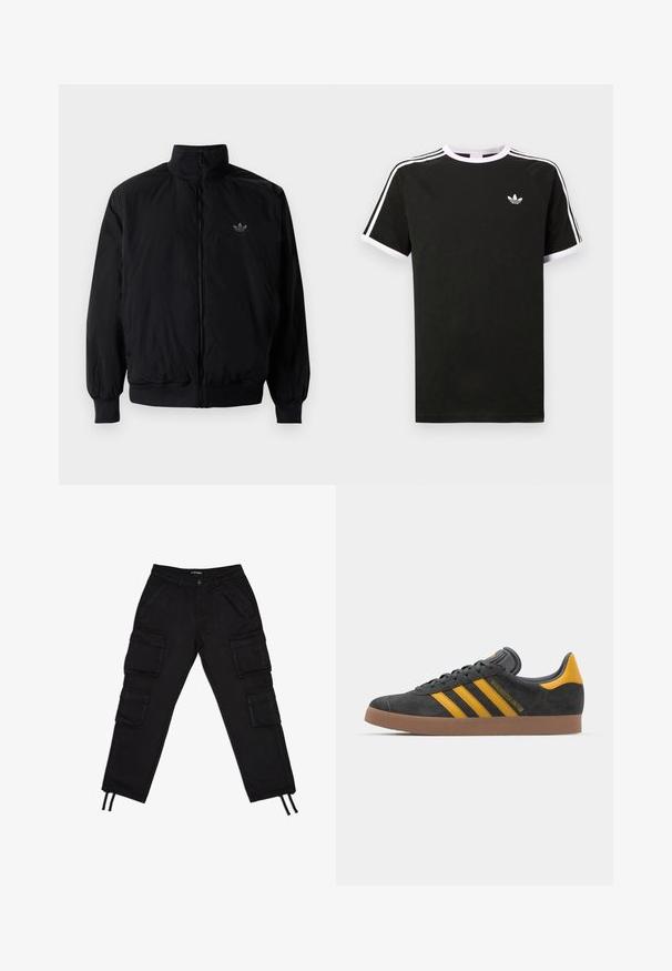 Crna jakna na zip s visokim ovratnikom, izrađena od laganog materijala. Ima elastične manžete i pojas, s malim logotipom na gornjem lijevom dijelu.; Crna majica s kratkim rukavima, izrađena od pamuka, s bijelim akcentima. Ima raglan dizajn i mali logo na prsima. Tri bijele pruge na ramenima.; Crne cargo hlače s više velikih bočnih džepova, pojasom sa špagom za vezanje, suženim otvorima nogavica i glatkom teksturom tkanine.; Crne nubuk tenisice s žutim detaljima, sa tri pruge i smešnim gumenim potplatom. Imaju jastučić na jeziku za udobnost.