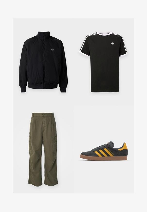 Schwarze Jacke mit Reißverschluss und hohem Kragen, aus leichtem Material gefertigt. Verfügt über elastische Bündchen und einen elastischen Saum, mit einem kleinen Logo oben links.; Schwarzes T-Shirt aus Baumwolle mit weißen Akzenten. Hat kurze Ärmel, ein Raglan-Design und ein kleines Logo auf der Brust. Drei weiße Streifen auf den Schultern.; Cargo-Hosen in Olivgrün, aus Baumwolle, mit weitem Bein, Falten und seitlichen Taschen für Funktionalität.; Schwarze Wildledersneaker mit gelben Akzenten, ausgestattet mit drei Streifen und einer braunen Gummisohle. Enthält eine gepolsterte Zunge für zusätzlichen Komfort.