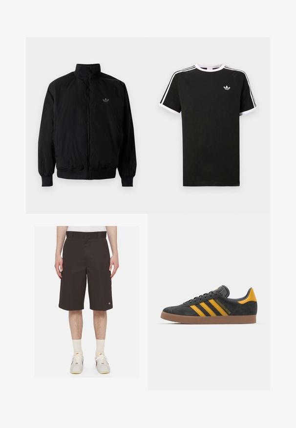 Schwarze Jacke mit Reißverschluss und hohem Kragen, aus leichtem Material gefertigt. Verfügt über elastische Bündchen und einen elastischen Saum, mit einem kleinen Logo oben links.; Schwarzes T-Shirt aus Baumwolle mit weißen Akzenten. Hat kurze Ärmel, ein Raglan-Design und ein kleines Logo auf der Brust. Drei weiße Streifen auf den Schultern.; Dunkelbraune Shorts aus robustem Stoff, mit geradem Schnitt, in mittellanger Länge, und gesticktem Logo am linken Bein.; Schwarze Wildledersneaker mit gelben Akzenten, ausgestattet mit drei Streifen und einer braunen Gummisohle. Enthält eine gepolsterte Zunge für zusätzlichen Komfort.