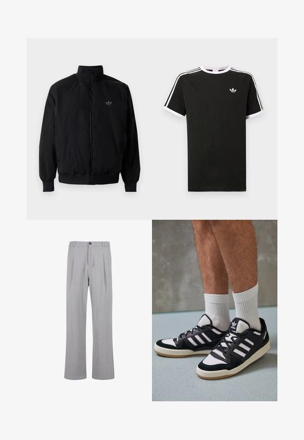 Schwarze Jacke mit Reißverschluss und hohem Kragen, aus leichtem Material gefertigt. Verfügt über elastische Bündchen und einen elastischen Saum, mit einem kleinen Logo oben links.; Schwarzes T-Shirt aus Baumwolle mit weißen Akzenten. Hat kurze Ärmel, ein Raglan-Design und ein kleines Logo auf der Brust. Drei weiße Streifen auf den Schultern.; Graue, plissierte Hose aus leichtem Stoff, mit einem Knopfverschluss, weitem Bein und einer glatten Textur mit einem dezenten Muster.; Schwarz-weiße Sneaker mit einem Obermaterial aus Wildleder und Leder, ausgestattet mit drei weißen Streifen, einer perforierten Zehenpartie und einer Sohle aus Gummi.