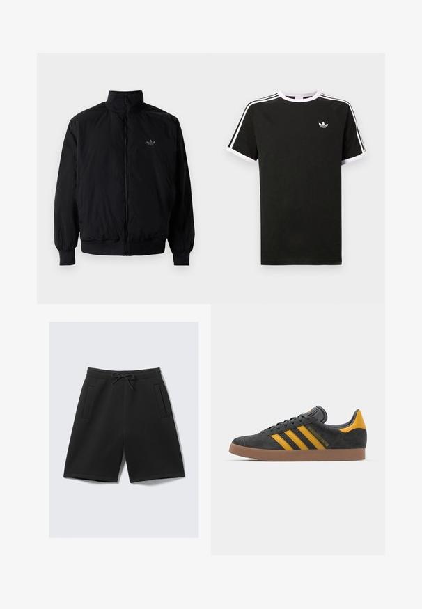 Musta vetoketjullinen takki, jossa on korkea kaulus, valmistettu kevyestä materiaalista. Varustettu joustavilla hihoilla ja vyötäröllä, ja ylävasemmalla on pieni logo.; Musta puuvillapaita valkoisilla accenteilla. Siinä on lyhyet hihat, raglan-muotoilu ja pieni logo rinnassa. Olkapäillä kolme valkoista raitaa.; Mustat urheilushortsit, jotka on valmistettu pehmeästä kankaasta, ja joissa on joustava vyötärönyöri ja kaksi etutaskua. Hyvän tuntuiset, polvenpituinen leikkaus.; Mustat samettiset tennarit, joissa on keltaisia yksityiskohtia, kolmonen raita ja ruskea kumipohja. Sisältää pehmustetun kielisen mukavuutta varten.