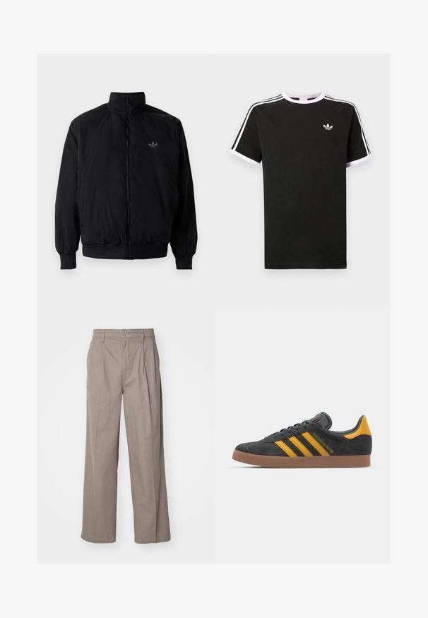 Giacca nera con zip e colletto alto, realizzata in materiale leggero. Presenta polsini e vita elastici, con un piccolo logo in alto a sinistra.; T-shirt nera in cotone con dettagli bianchi. Presenta maniche corte, design raglan e un piccolo logo sul petto. Tre strisce bianche sulle spalle.; Pantaloni beige a gamba larga realizzati in misto cotone, caratterizzati da pieghe e chiusura a bottoni. Tessuto liscio con orli cuciti.; Sneaker in suede nero con dettagli gialli, dotato di tre strisce e una suola in gomma marrone. Include una linguetta imbottita per il comfort.