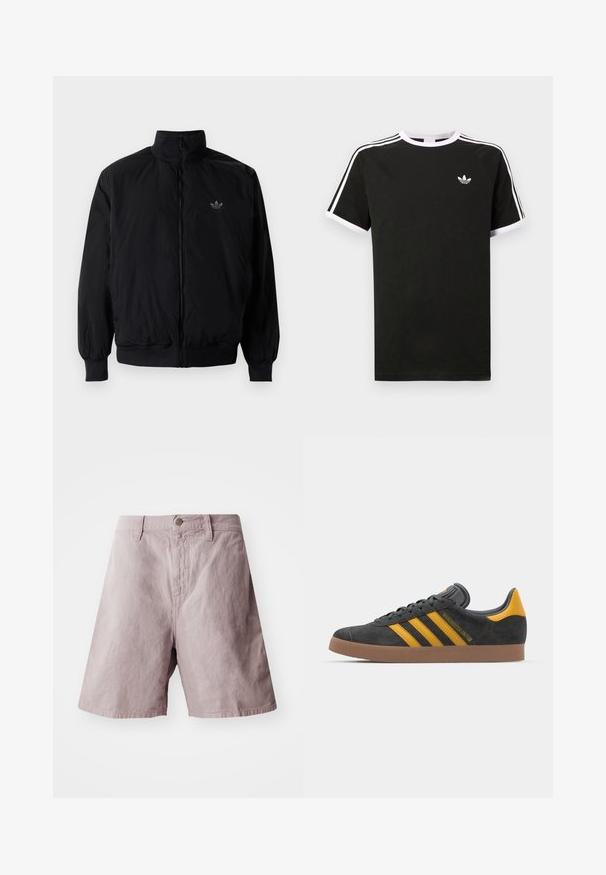 Black zipped jacket with high collar, made of lightweight material. Features elastic cuffs and waistband, with a small logo on the upper left.; Black t-shirt made of cotton with white accents. Features short sleeves, raglan design, and a small logo on the chest. Three white stripes on shoulders.; Light purple cotton shorts with a flat waistband, front button closure, and side pockets. Smooth texture with a relaxed fit.; Black suede sneaker with yellow accents, featuring three stripes and a brown rubber sole. Includes a padded tongue for comfort.