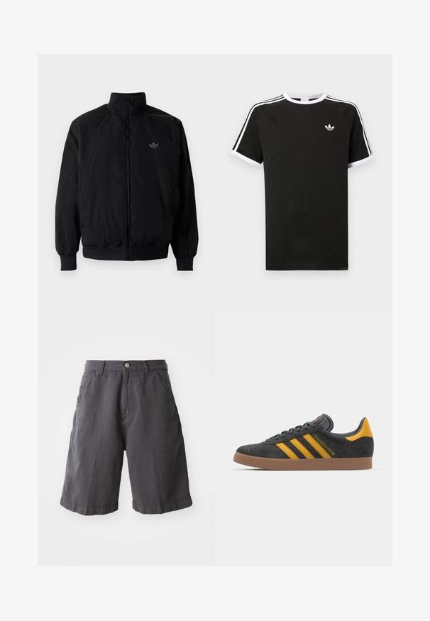 Black zipped jacket with high collar, made of lightweight material. Features elastic cuffs and waistband, with a small logo on the upper left.; Black t-shirt made of cotton with white accents. Features short sleeves, raglan design, and a small logo on the chest. Three white stripes on shoulders.; Dark gray cotton shorts with a relaxed fit, featuring a button closure, belt loops, and side pockets, designed with a simple hem.; Black suede sneaker with yellow accents, featuring three stripes and a brown rubber sole. Includes a padded tongue for comfort.
