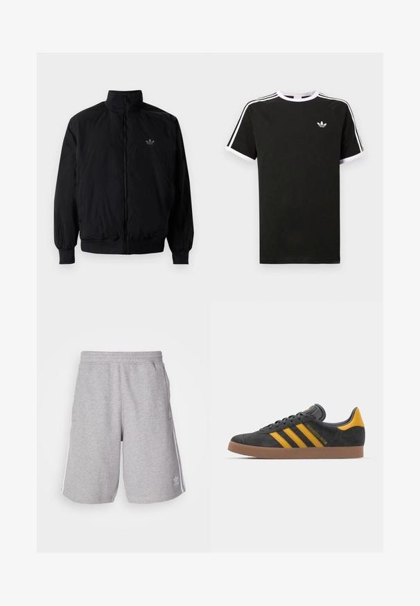 Crna jakna na zip s visokim ovratnikom, izrađena od laganog materijala. Ima elastične manžete i pojas, s malim logotipom na gornjem lijevom dijelu.; Crna majica s kratkim rukavima, izrađena od pamuka, s bijelim akcentima. Ima raglan dizajn i mali logo na prsima. Tri bijele pruge na ramenima.; Sivi atletski šortsevi izrađeni od pamučne mješavine. Imaju bočne džepove, elastičnu traku i bijele bočne pruge. Klasičan dizajn.; Crne nubuk tenisice s žutim detaljima, sa tri pruge i smešnim gumenim potplatom. Imaju jastučić na jeziku za udobnost.