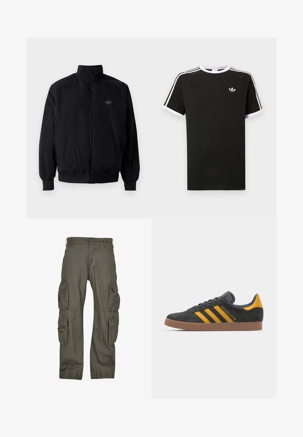Svart zipjacka med hög krage, tillverkad av lätt material. Har elastiska cuffar och midja, med en liten logo på övre vänster.; Svart t-shirt i bomull med vita detaljer. Har korta ärmar, raglan-design och en liten logotyp på bröstet. Tre vita ränder på axlarna.; Olivgröna cargobyxor i bomull, med flera sidofickor, rakt snitt och subtila sömdetaljer.; Svart mockaskor med gula accenter, med tre ränder och en brun gummisula. Inkluderar en vadderad tunga för extra komfort.