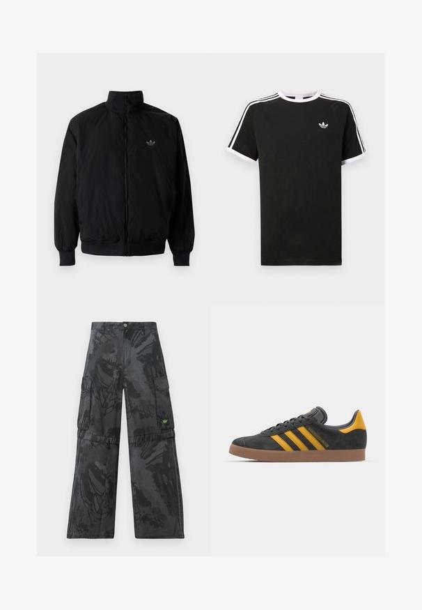 Czarna kurtka zapinana na zamek z wysokim kołnierzem, wykonana z lekkiego materiału. Posiada elastyczne mankiety i pas, oraz małe logo na górnej lewej stronie.; Czarny t-shirt wykonany z bawełny z białymi akcentami. Posiada krótkie rękawy, fason raglanowy oraz małe logo na klatce piersiowej. Trzy białe paski na ramionach.; Czarne spodnie cargo z teksturowanym, ciemnym wzorem. Posiadają wiele bocznych kieszeni oraz mały zielony logotyp na przodzie.; Czarne zamszowe sneakersy z żółtymi akcentami, z trzema paskami i brązową gumową podeszwą. Posiadają wyściełany język dla większego komfortu.