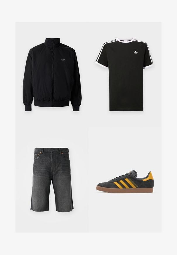 Black zipped jacket with high collar, made of lightweight material. Features elastic cuffs and waistband, with a small logo on the upper left.; Black t-shirt made of cotton with white accents. Features short sleeves, raglan design, and a small logo on the chest. Three white stripes on shoulders.; Denim shorts in dark gray with a straight cut, five pockets, and orange stitching on the front. Clean hem finish at the cuffs.; Black suede sneaker with yellow accents, featuring three stripes and a brown rubber sole. Includes a padded tongue for comfort.