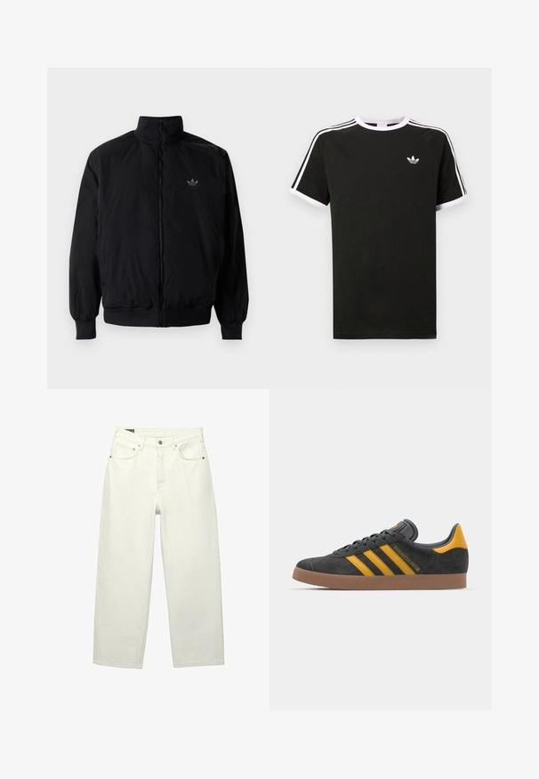 Čierna zips kombinéza s vysokým golierom, vyrobená z ľahkého materiálu. Obsahuje elastické manžety a pás, s malým logom na hornej ľavej strane.; Čierne tričko vyrobené z bavlny s bielymi akcentmi. Má krátke rukávy, raglánový strih a malé logo na hrudi. Tri biele pruhy na pleciach.; Biele denimové nohavice s širokými nohavicami a vysokým pásom, piatimi vreckami, zapínaním na gombík a jemnou textúrou, s rovnými a voľne strihanými nohavicami.; Čierne semišové tenisky so žltými akcentmi, ktoré majú tri pruhy a hnedú gumovú podrážku. Obsahujú vypolstrovaný jazyk pre pohodlie.