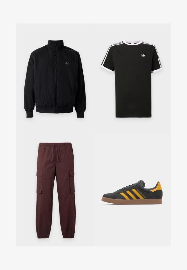 Svart zipjacka med hög krage, tillverkad av lätt material. Har elastiska cuffar och midja, med en liten logo på övre vänster.; Svart t-shirt i bomull med vita detaljer. Har korta ärmar, raglan-design och en liten logotyp på bröstet. Tre vita ränder på axlarna.; Bruna cargobyxor med elastisk midja och avslut vid anklarna, med framfickor och stora fickor med klaff på varje lår.; Svart mockaskor med gula accenter, med tre ränder och en brun gummisula. Inkluderar en vadderad tunga för extra komfort.