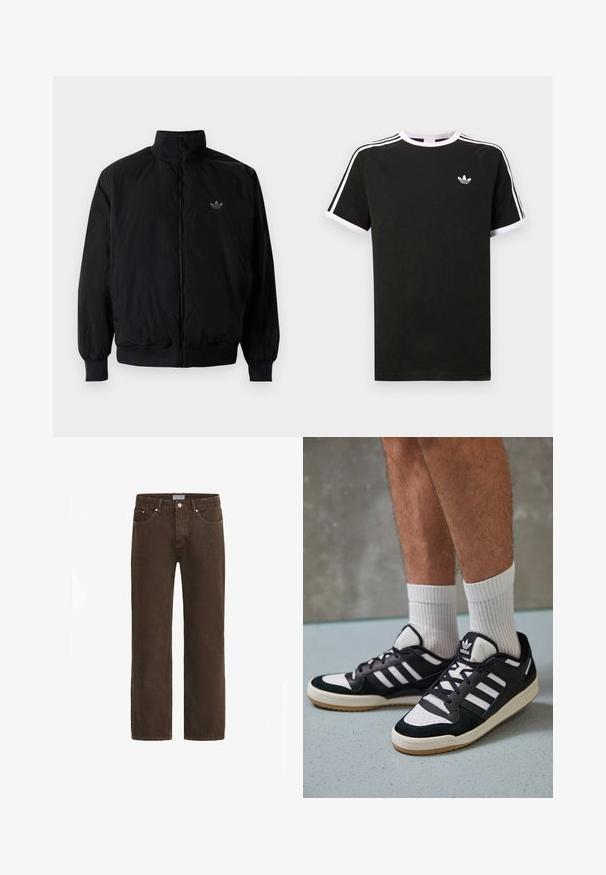 Svart zipjacka med hög krage, tillverkad av lätt material. Har elastiska cuffar och midja, med en liten logo på övre vänster.; Svart t-shirt i bomull med vita detaljer. Har korta ärmar, raglan-design och en liten logotyp på bröstet. Tre vita ränder på axlarna.; Bruna denimjeans med rak ben/design, femfickor och metallbeslag. Har en knappstängning och en märkesetikett på midjebandet.; Svartvita sneakers med ovandel i mocka och läder, med tre vita ränder, perforerad tå och sula av gummigummi.