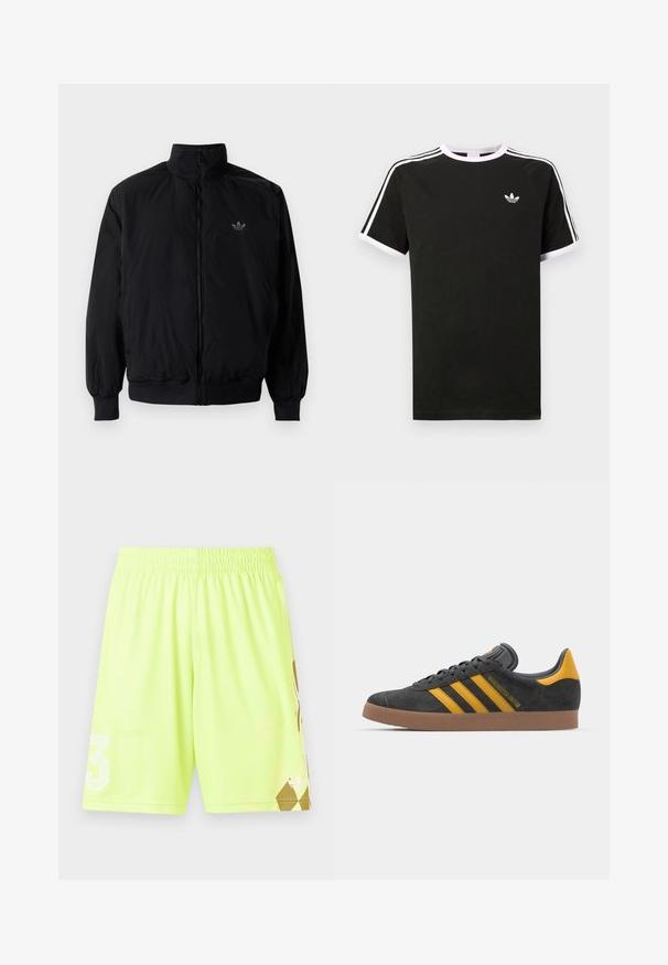 Čierna zips kombinéza s vysokým golierom, vyrobená z ľahkého materiálu. Obsahuje elastické manžety a pás, s malým logom na hornej ľavej strane.; Čierne tričko vyrobené z bavlny s bielymi akcentmi. Má krátke rukávy, raglánový strih a malé logo na hrudi. Tri biele pruhy na pleciach.; Neón žlté športové kraťasy s elastickým pásom, s bielym logom "3" a zlatým geometrickým vzorom na dolnej pravej strane.; Čierne semišové tenisky so žltými akcentmi, ktoré majú tri pruhy a hnedú gumovú podrážku. Obsahujú vypolstrovaný jazyk pre pohodlie.